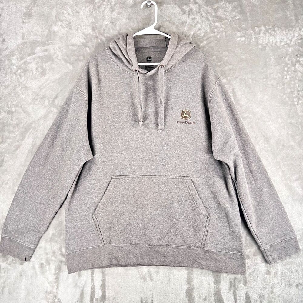 John Deere Mens XL Gray Hoodie Pullover Fleece Logo Farm Workwear Sweatshirt